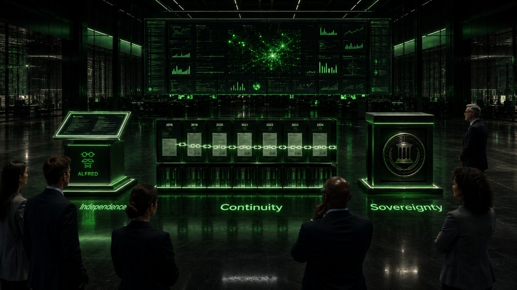 A dark command center with a wall of green data visualizations and three podiums labeled Independence, Continuity, and Sovereignty.