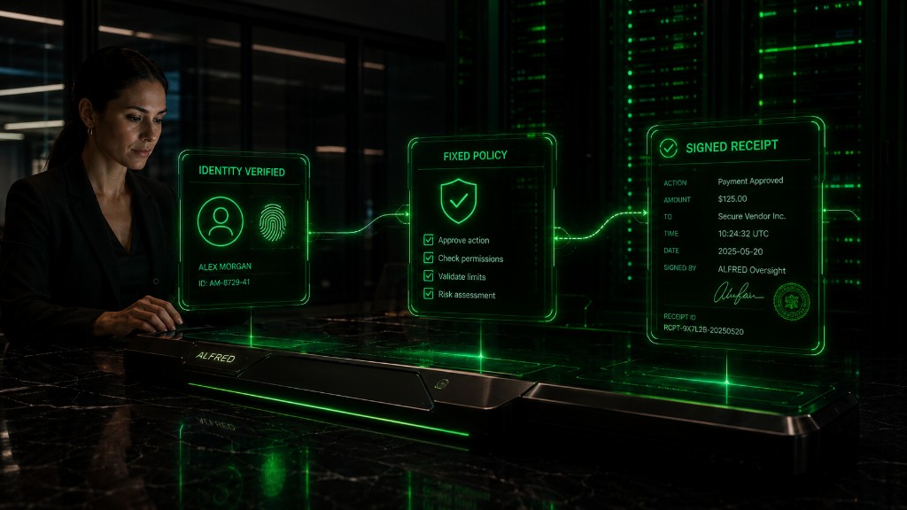 A console labeled ALFRED projecting three green holographic panels: identity verified, fixed policy, and signed receipt.
