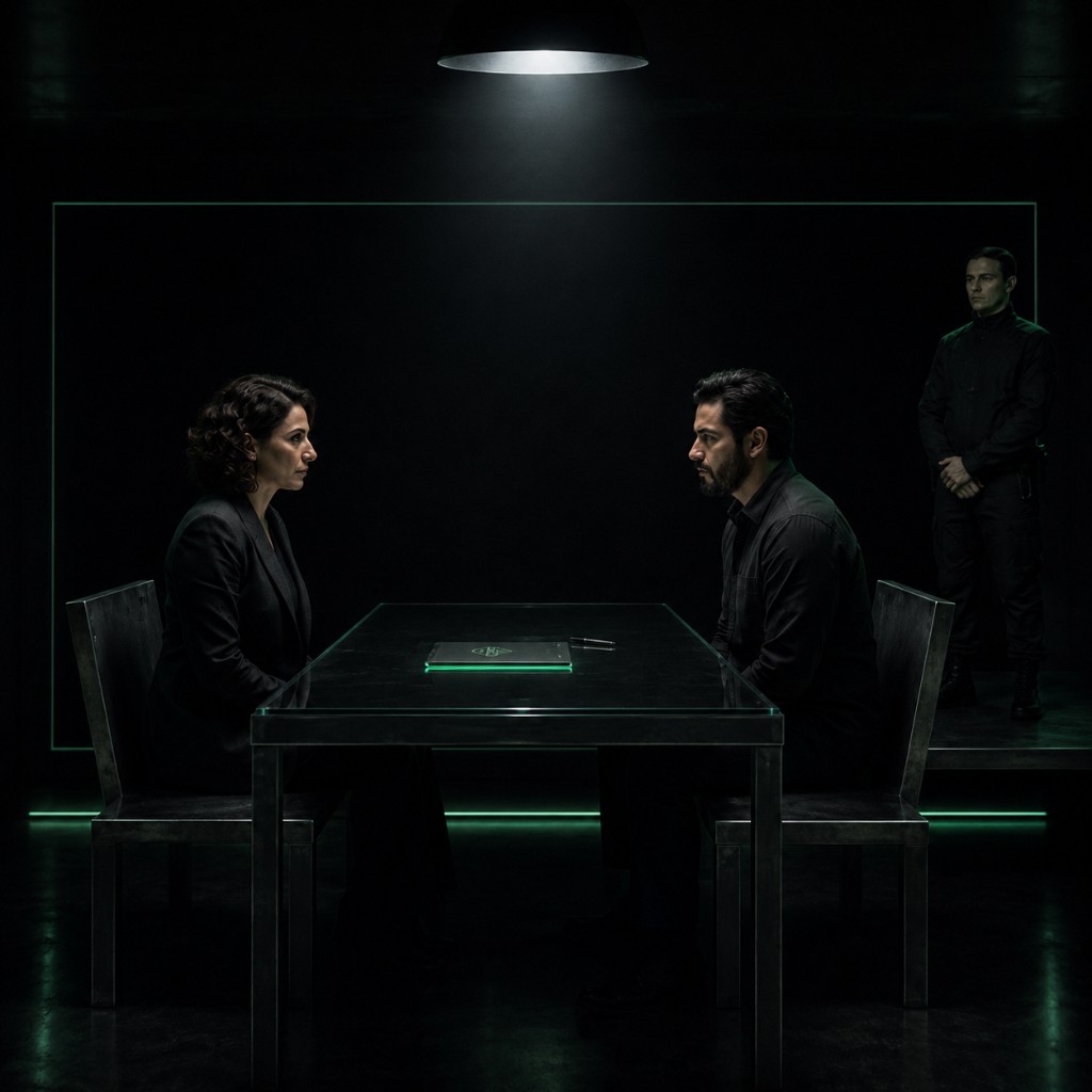 Two people seated across a dark table under a spotlight, a green-glowing folder between them, a guard behind a neon-green wall frame.