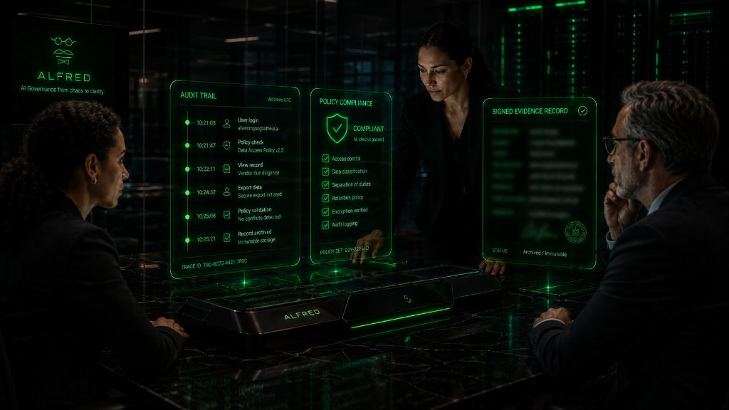 An ALFRED console projecting green holographic panels: audit trail, policy compliance, and a signed evidence record.