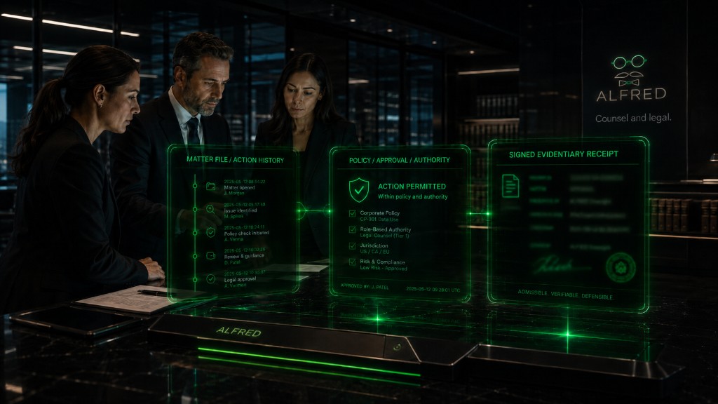 An ALFRED console projecting green holographic panels for counsel: matter file and action history, policy approval and authority, and a signed evidentiary receipt.