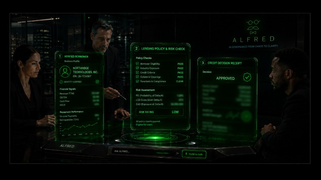 An ALFRED console projecting green holographic panels for lending: verified borrower, lending policy and risk check, and a credit decision receipt.