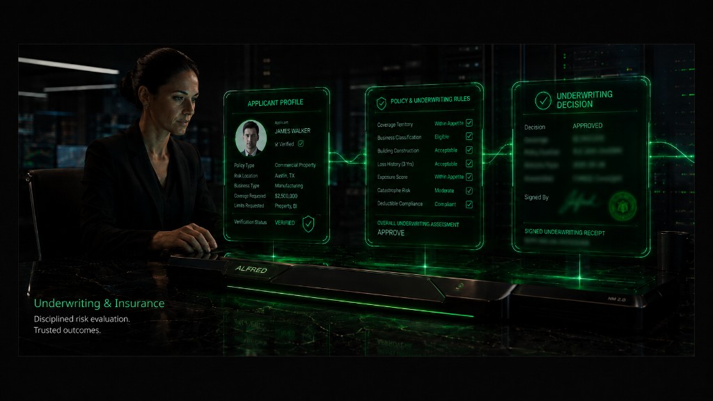 An ALFRED console projecting green holographic panels for underwriting: applicant profile, policy and underwriting rules, and a signed underwriting receipt.